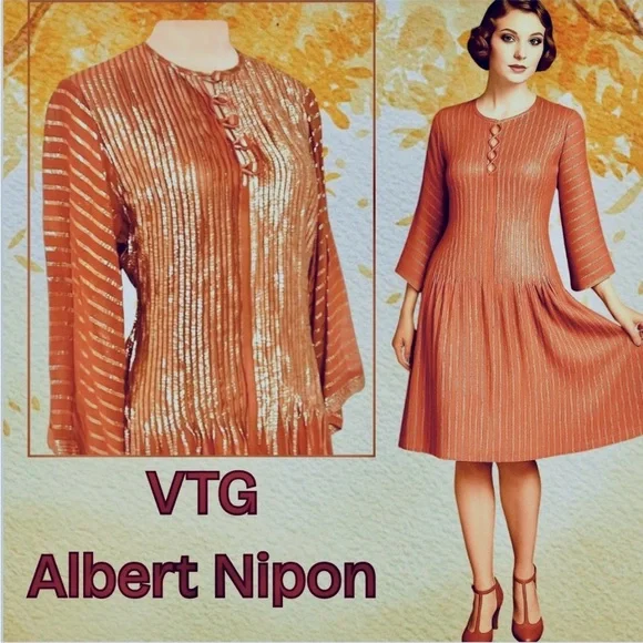 Vintage Albert Nipon, Stunning Metallic Copper Gold Pleated Dress EUC – Size 8 - Picture 9 of 15